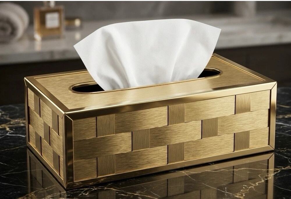 Vintage Hollywood Regency MCM Stylebuilt Gold Woven Tissue Box Cover